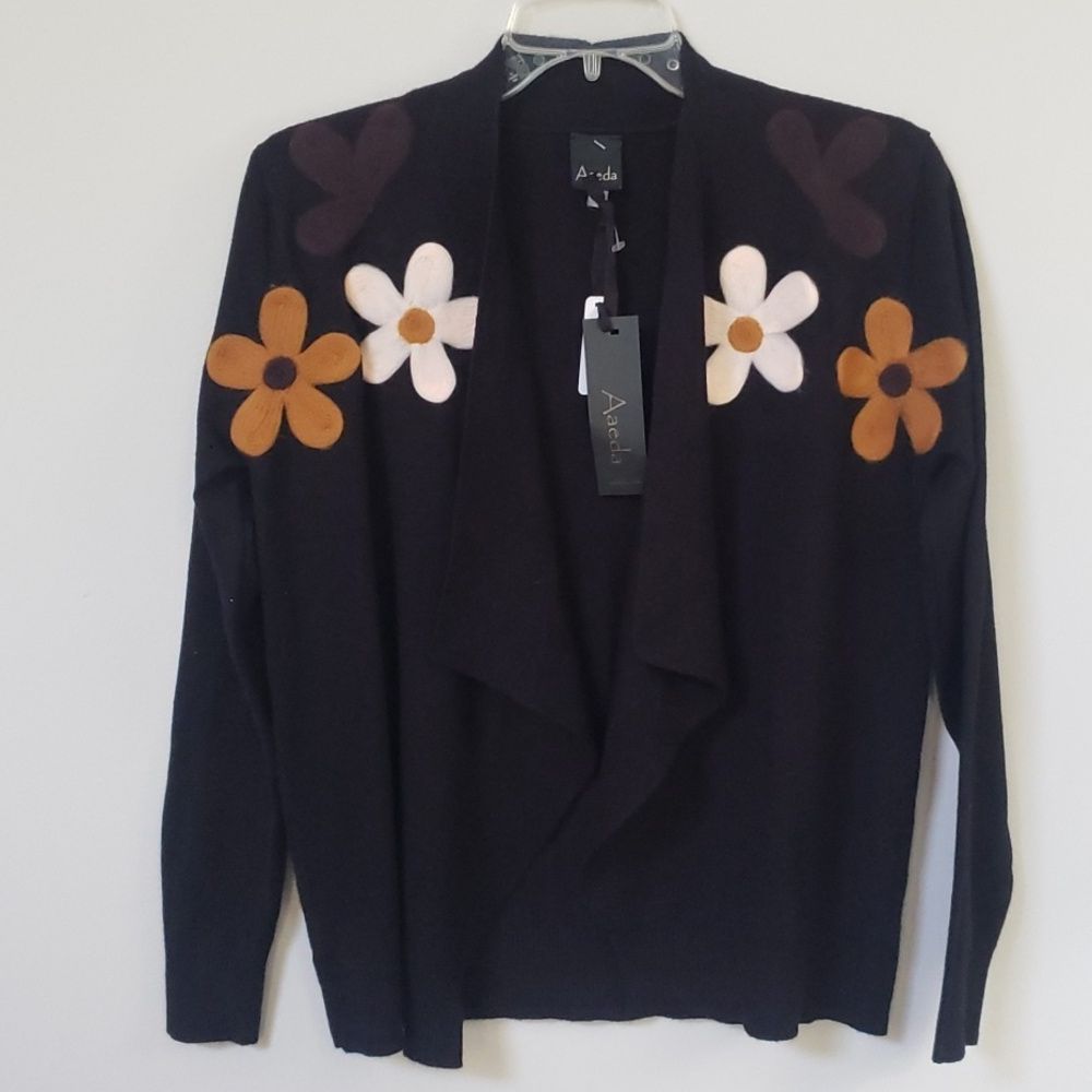 Aaeda By Anthropologie S Black Luscious Embroidered Floral Soft Open Cardigan